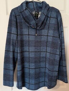MADE IN CANADA Blue Plaid Cowl Neck Sweater